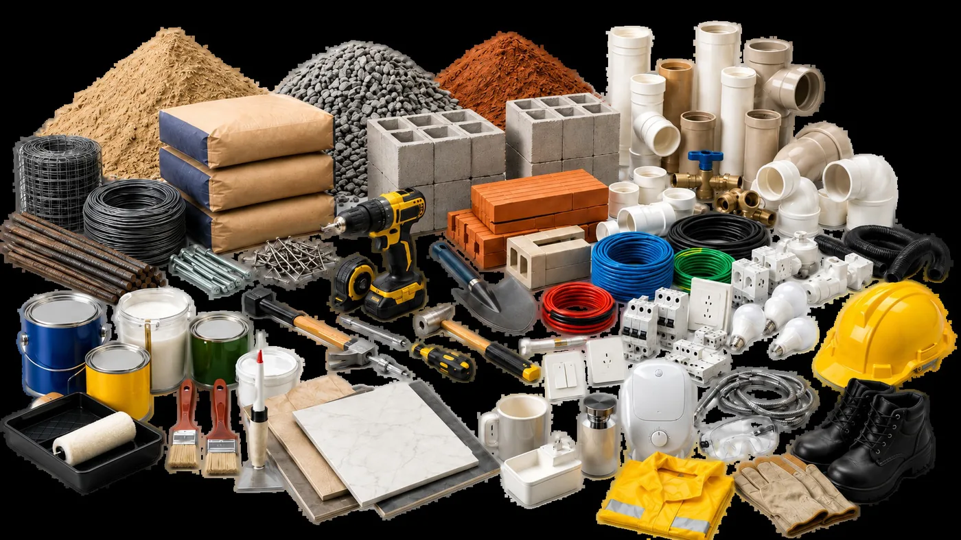 Variedade de produtos: areia, brita, cimento, ferramentas, tubulação, elétrica e mais